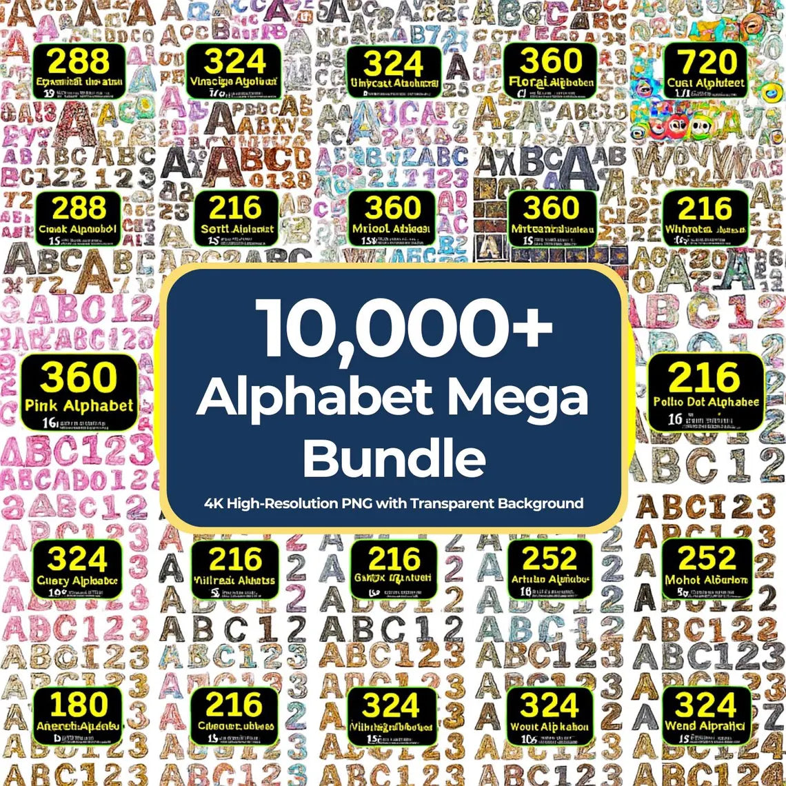 Alphabet And Numbers Mega Bundle: 10,000+ PNG Letters & Sets (Lifetime Access, Commercial Use)
