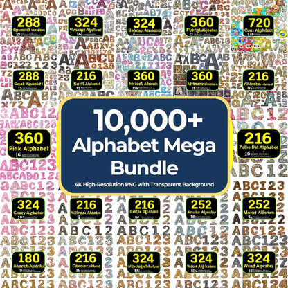 Alphabet And Numbers Mega Bundle: 10,000+ PNG Letters & Sets (Lifetime Access, Commercial Use)