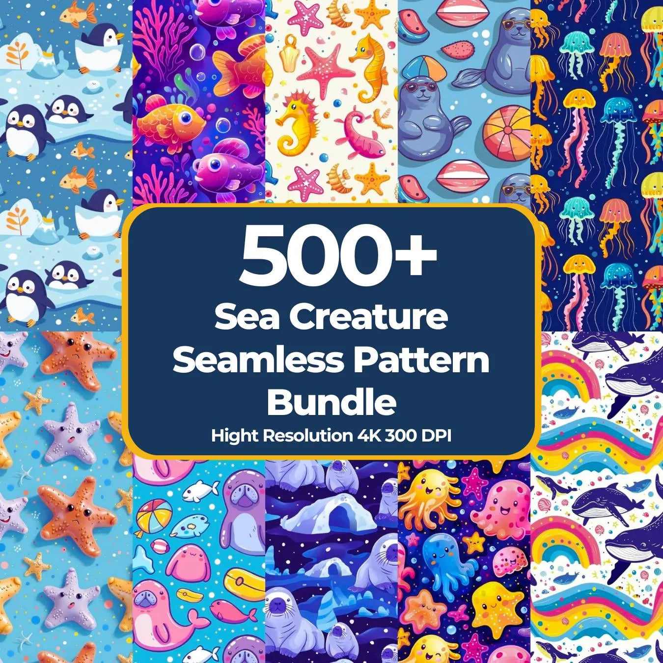 Sea Creature Seamless Pattern Bundle: 500+ Cute Ocean Animal Designs (4K JPG, 300 DPI, Instant Download, Commercial Use)