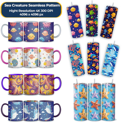 Sea Creature Seamless Pattern Bundle: 500+ Cute Ocean Animal Designs (4K JPG, 300 DPI, Instant Download, Commercial Use)