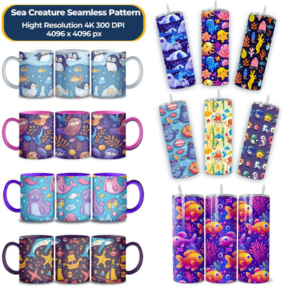 Sea Creature Seamless Pattern Bundle: 500+ Cute Ocean Animal Designs (4K JPG, 300 DPI, Instant Download, Commercial Use)