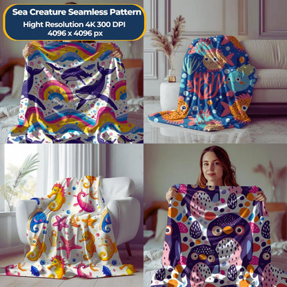 Sea Creature Seamless Pattern Bundle: 500+ Cute Ocean Animal Designs (4K JPG, 300 DPI, Instant Download, Commercial Use)