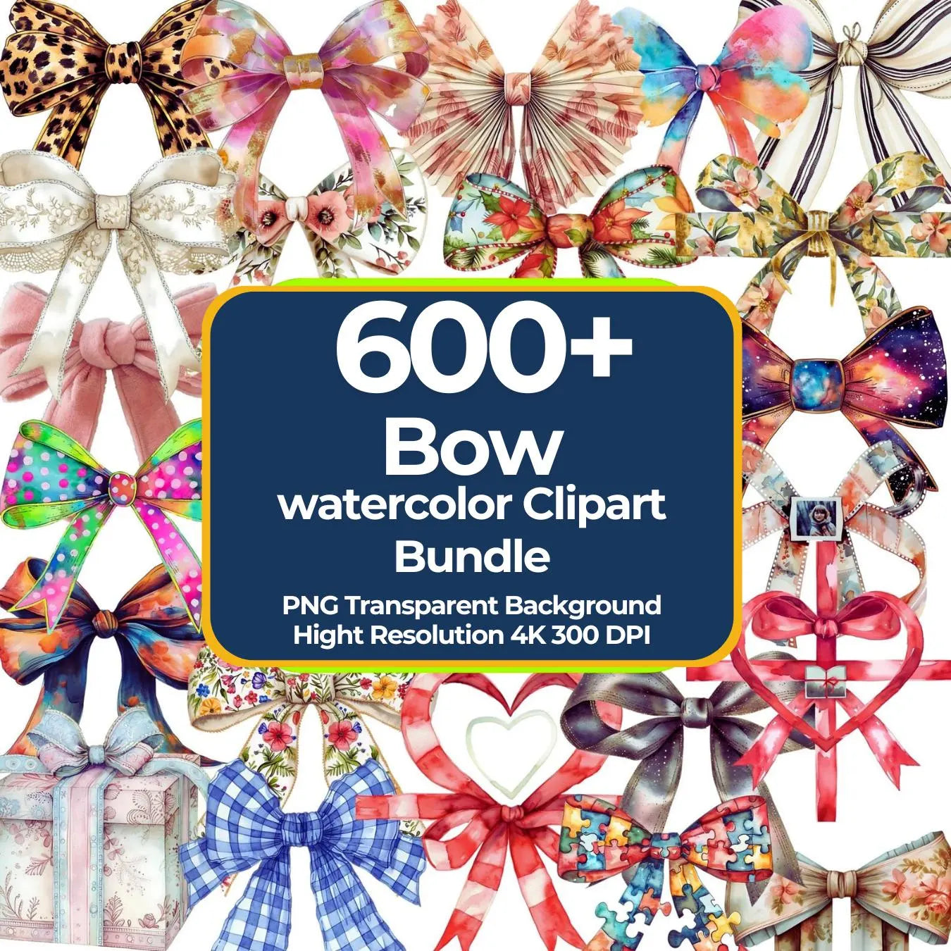Watercolor Bow Clipart Bundle: 600+ Ribbon Clipart 4K PNG Graphics (Commercial Use)